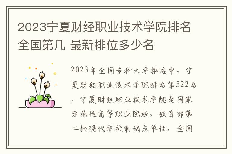 2023宁夏财经职业技术学院排名全国第几 最新排位多少名