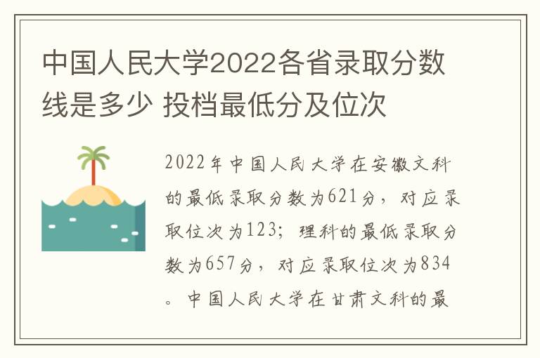 中国人民大学2022各省录取分数线是多少 投档最低分及位次