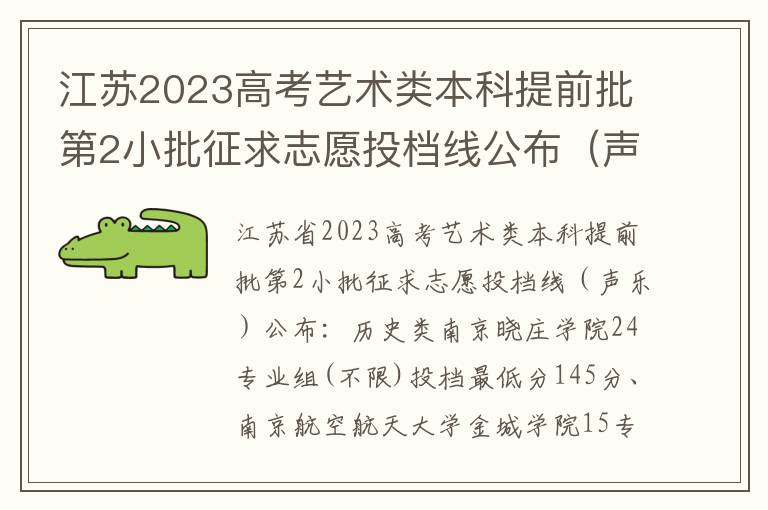 江苏2023高考艺术类本科提前批第2小批征求志愿投档线公布（声乐）