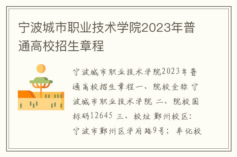宁波城市职业技术学院2023年普通高校招生章程