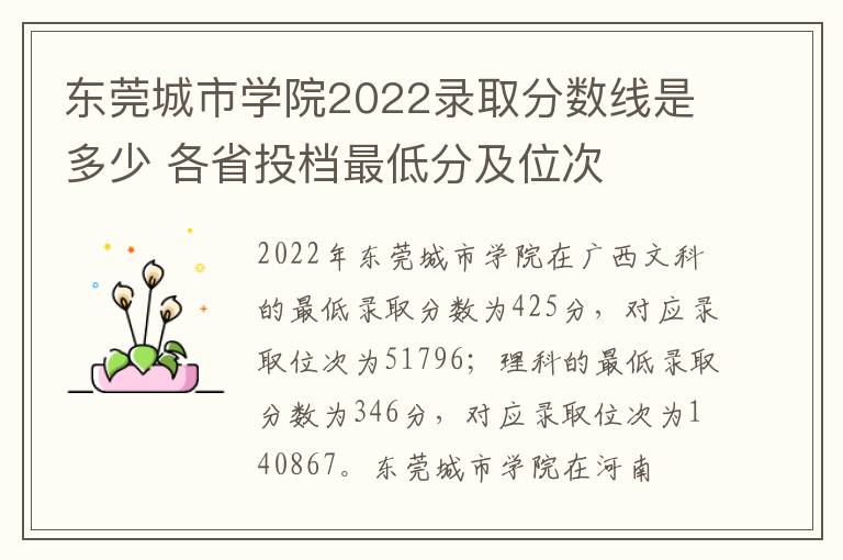 东莞城市学院2022录取分数线是多少 各省投档最低分及位次